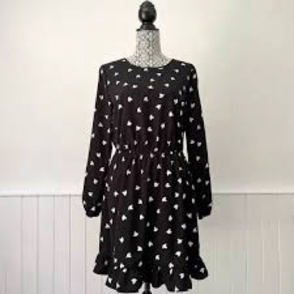 Joe Fresh Women’s Black White Heart Print Dress Size Medium Elastic Waist Casual